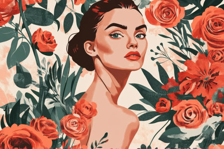 Caucasian female surrounded by vibrant red flowers in artistic floral composition.の写真素材