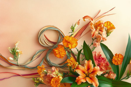 Vibrant floral arrangement with orange lilies and marigolds on soft background.