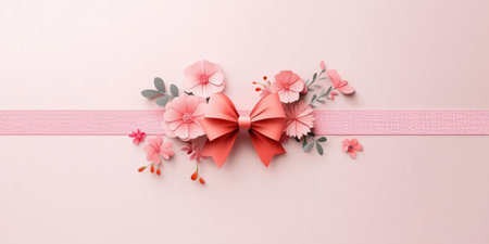 Pink floral bow on pastel background with paper flowers and ribbon.の写真素材