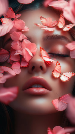 Female caucasian young surrounded by pink butterflies and blossoms in dreamlike scene.の写真素材