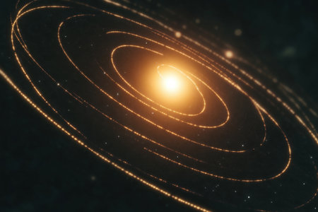 Glowing orbital paths around central light in cosmic space.の写真素材