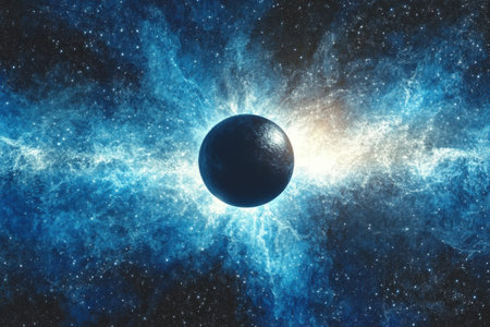 Mysterious planet in cosmic space explosion with vibrant blue nebula.