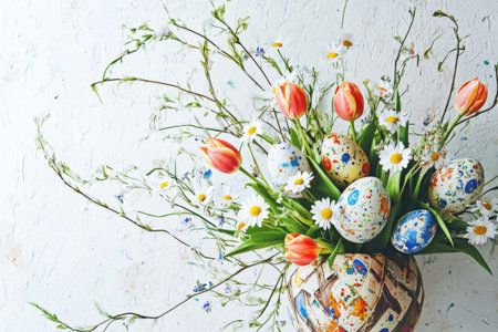 Colorful easter egg in spring scene.
