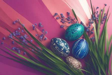 Adorable bunny on painted easter eggs display with floral patterns.