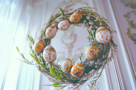 Colorful easter eggs in spring meadow.の写真素材