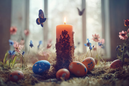 Elegant floral arrangement with candles and decorated eggs on table.の写真素材
