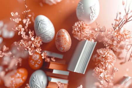 Intricate floral egg surrounded by delicate blossoms and greenery.の写真素材