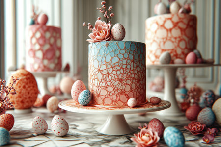 Ornate gold and white decorative egg in floral surroundings.の写真素材