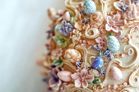 Ornate floral egg amid blooming branches.の写真素材