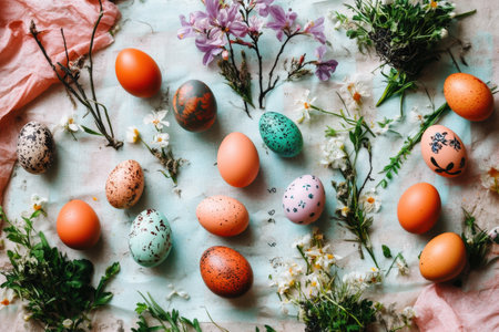 Ornately decorated easter egg with floral arrangement on marble surface.の写真素材