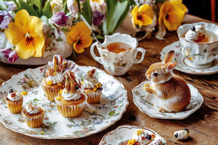 Elegant pastries with caramel and floral decoration on marble surface