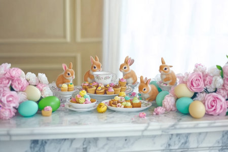 Elegant easter display with colorful eggs and flowers on vintage wall.