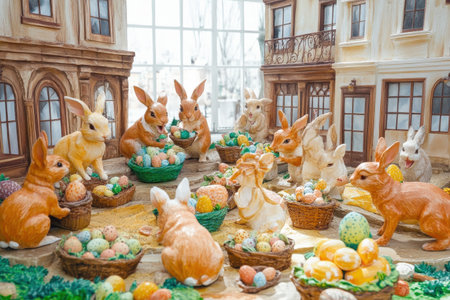 Blue speckled eggs in forest with autumn leaves and flower.の写真素材