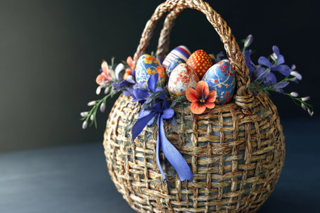 Colorful mandala patterned easter eggs displayed in a symmetrical arrangement.の写真素材
