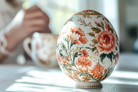 Warm candlelight and colorful easter eggs with flowers on wooden surface.の写真素材
