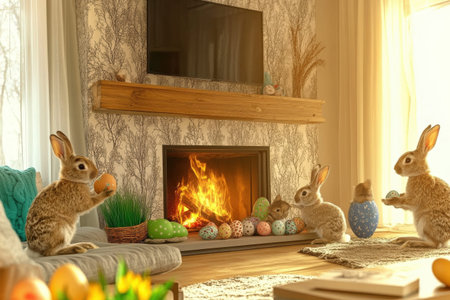Vibrant painted easter eggs in nest with flowers on wooden background.