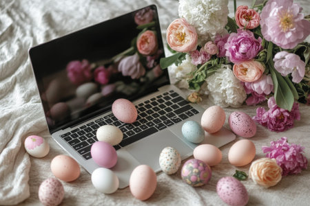 Colorful easter egg and tulip bouquet with daisy accents.