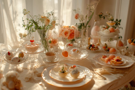 Two bunnies in spring landscape with tulips under large tree at sunset.の写真素材