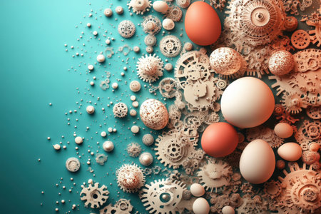 Colorful eggs and green leaves on pink background with floral accents.