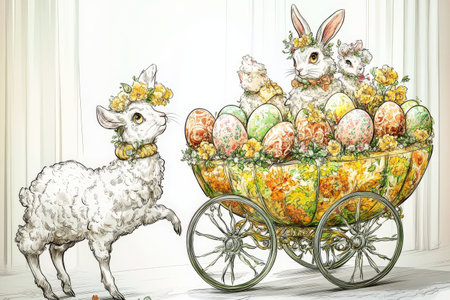 Chick and intricately decorated egg amidst blooming daffodils in sepia sketch.の写真素材