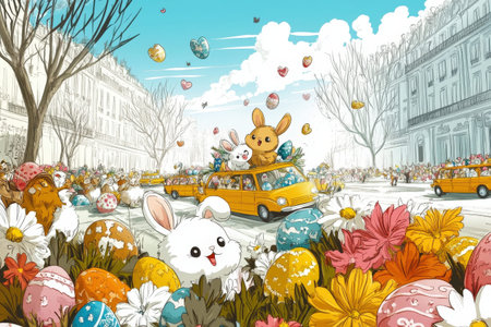 Intricate floral egg and baby bird in natural setting with daffodils.