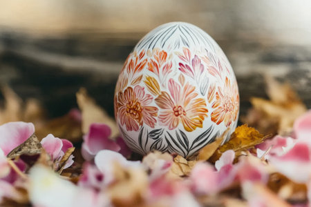 Easter-themed cake with decorative eggs, flowers, and pastel frosting on rustic table.の写真素材