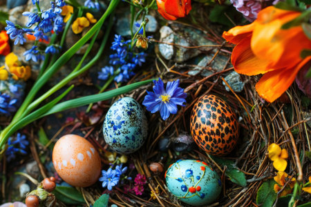 Spring tea party setting with cupcakes, flowers, and a cute bunny.の写真素材