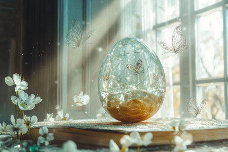 Decorative ceramic eggs with spring plants on wooden shelf.