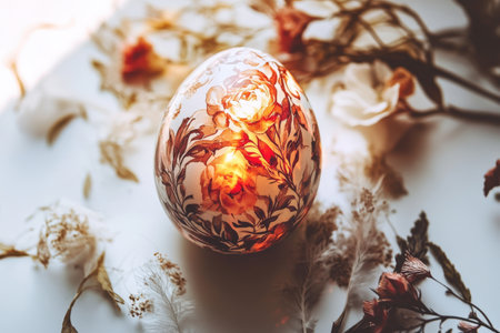 Decorative easter eggs in rustic wicker basket with blue flowers.の写真素材