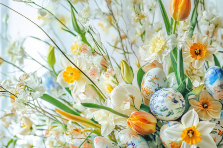 Intricate floral design on ornately painted easter egg.の写真素材