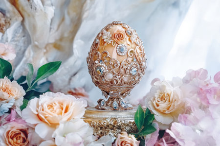 Futuristic circuit egg amidst vibrant floral arrangement.の写真素材