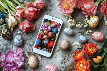 Artistic depiction of bunnies and easter eggs with floral background.