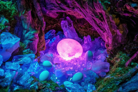 Decorative egg surrounded by colorful arrangement.