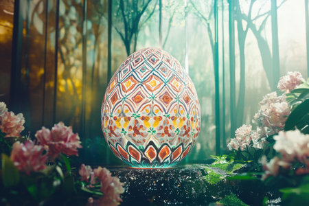 Colorful patterned easter eggs with vibrant flowers.の写真素材