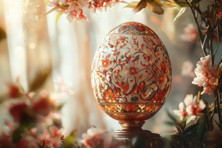 Colorful easter eggs and bunny with vibrant floral patterns.