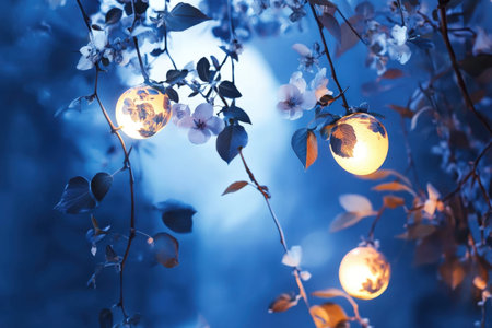 Young hispanic female in enchanted autumnal forest holding glowing floral orb.