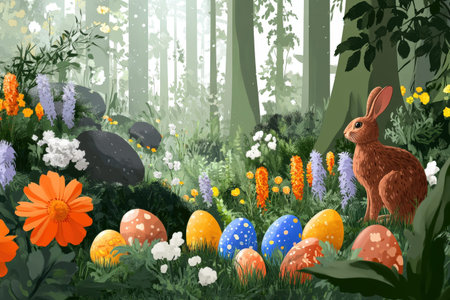 Celebrate easter with colorful eggs and spring flowers.の写真素材