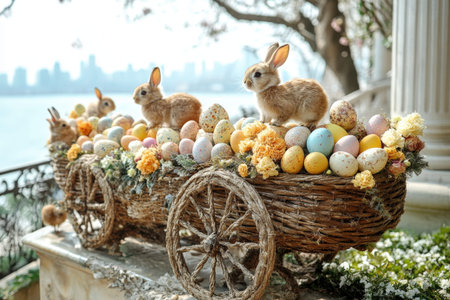 Adorable bunnies and yellow flowers with decorated easter eggs.