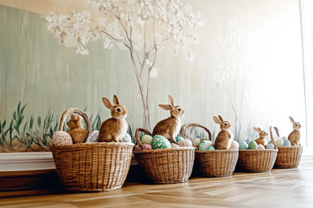 Three adorable bunnies with colorful easter eggs in spring scene.の写真素材