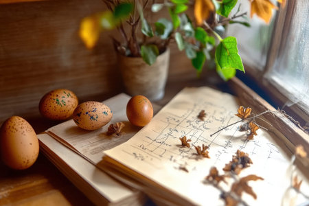 Decorative egg in forest with floral surroundings.