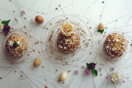 Springtime scene with bunnies, easter eggs, and flowers by a sunny window.の写真素材