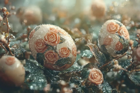 Decorative easter eggs with floral patterns amidst spring blooms.の写真素材