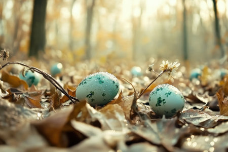 Children enjoying easter egg hunt in spring meadow.の写真素材
