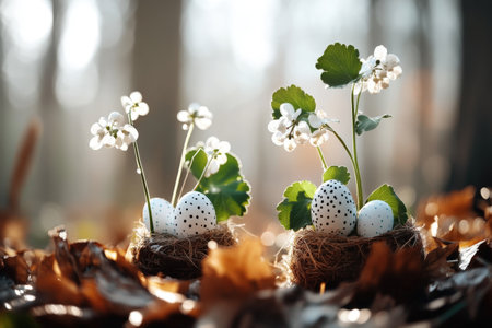 White bunnies decorating colorful easter eggs in a blossom-filled garden setting.の写真素材