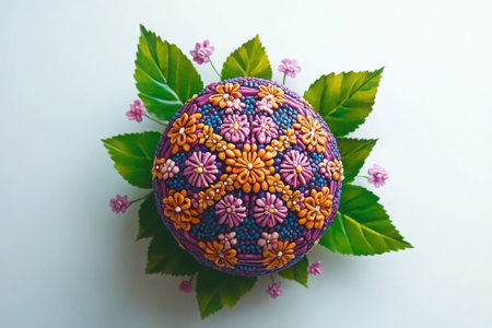 Easter bunny in colorful forest with decorated eggs among spring flowers.の写真素材