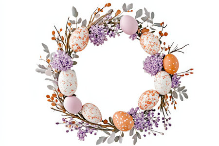 Colorful easter eggs in woven cart outdoors by waterfront.の写真素材