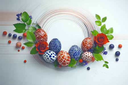 Colorful easter eggs by decorative wall.