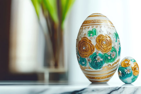 Colorful cartoon birds playing with vibrant easter eggs in a lush landscape.の写真素材