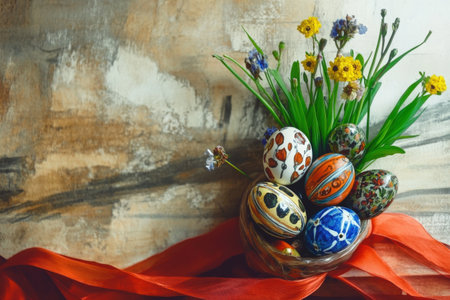 Vibrant easter basket with painted eggs and spring flowers.の写真素材