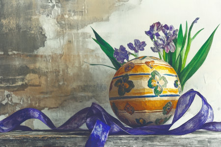 Artistic floral still life with painted sphere and purple ribbon.の写真素材